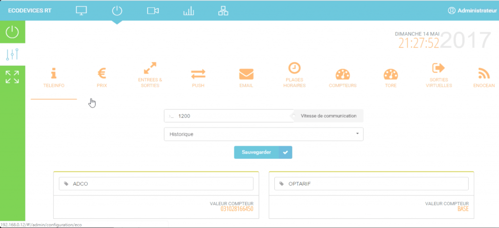 dashboard ecodevice RT2 admin io teleinfo