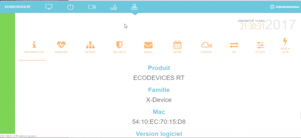 dashboard ecodevice RT2 admin system informations