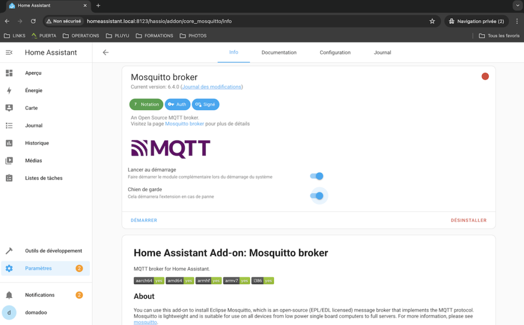 Installation du broker MQTT sur Home Assistant.