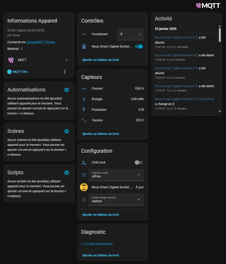 Découvrez de la prise Zigbee Nous Smart A7Z avec mesure de consommation 32 HA MQTT 001 1