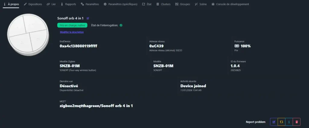 Tutoriel de la télécommande 4 boutons Sonoff ORB 4 in 1 zigbee 3.0 22 HA z2m inc 011