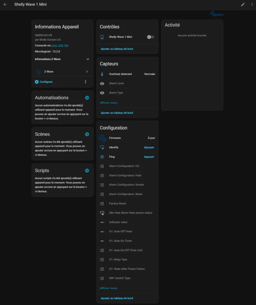 Test du module Shelly wave 1 mini ZWave Plus Long Range contact sec 24 HA zwave inc 013